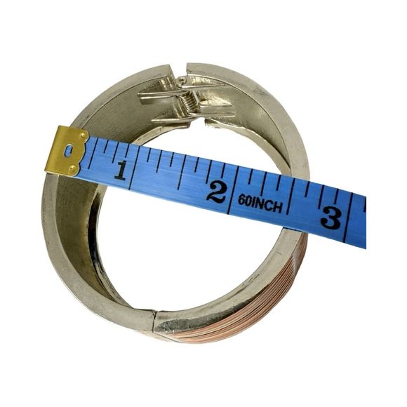 Pink Striped Wide Clamper Bracelet 7"  Silver Tone Bangle - Picture 9 of 10